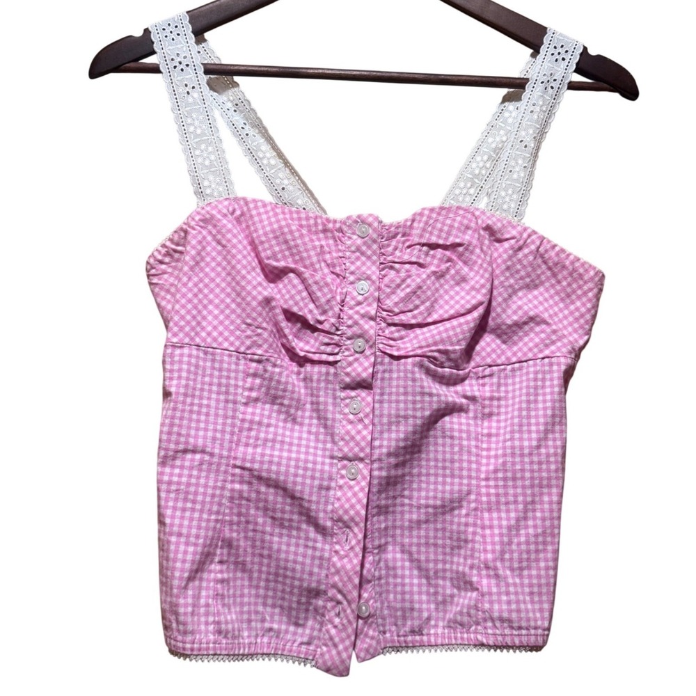 Moda International VS Cottage Core Pink Gingham Eyelet Y2K‎ Cami Garden Pinup XS